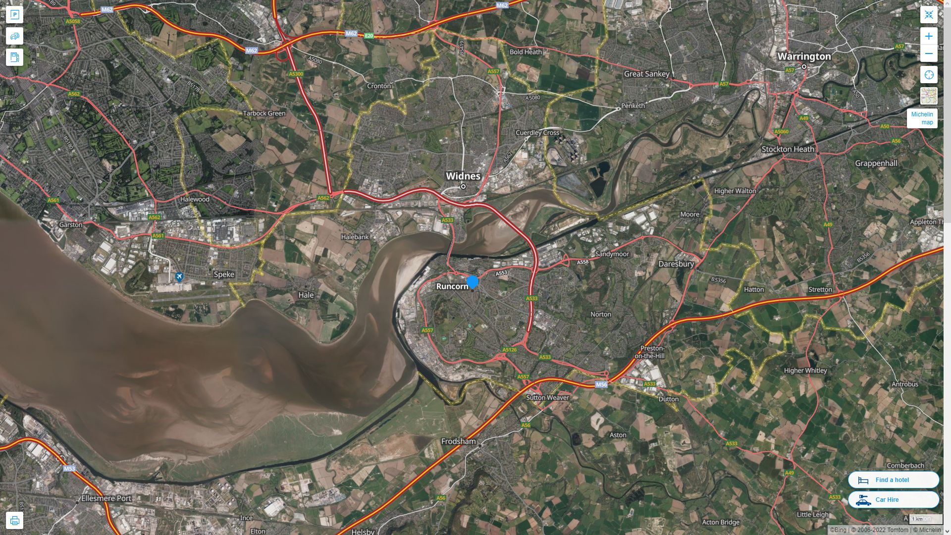 Runcorn Royaume Uni Autoroute et carte routiere avec vue satellite